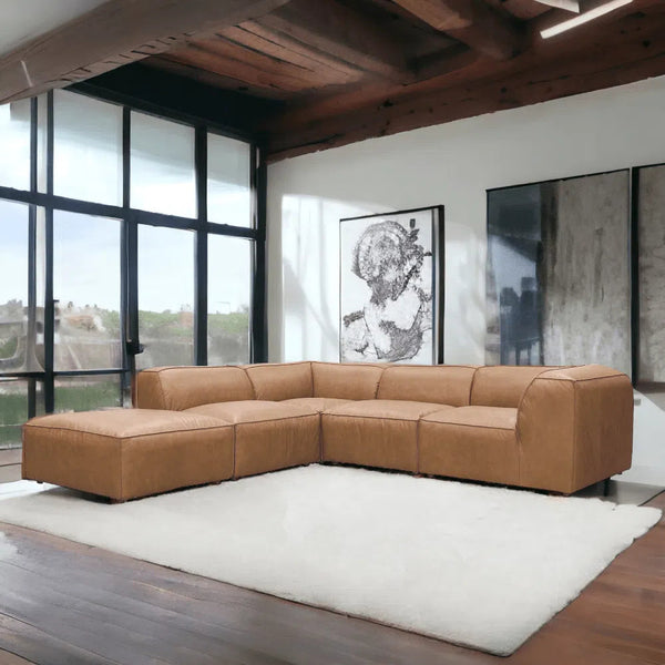 Form Tan Modular Leather Sectional With Ottoman 5PC Convertible Leather Sectional Modular Sofas LOOMLAN By Moe's Home