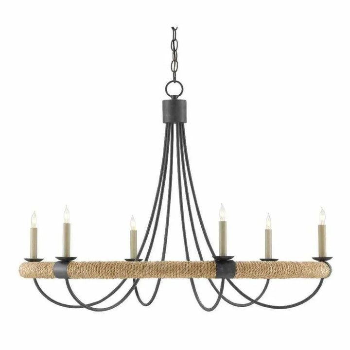 French Black wood Abaca Rope Shipwright Chandelier - LOOMLAN - Currey & Co - Chandeliers