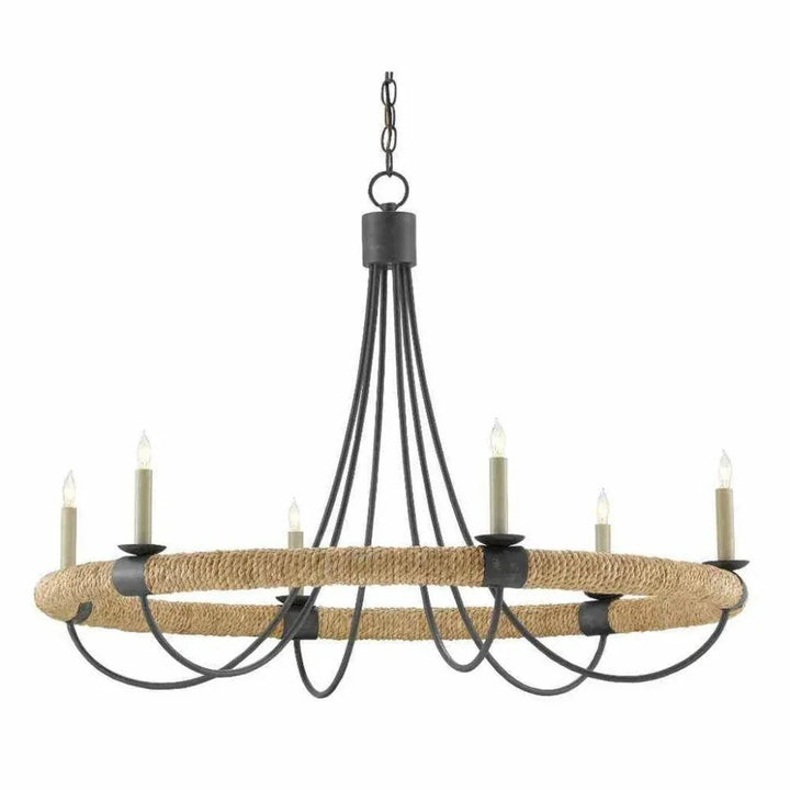 French Black wood Abaca Rope Shipwright Chandelier - LOOMLAN - Currey & Co - Chandeliers