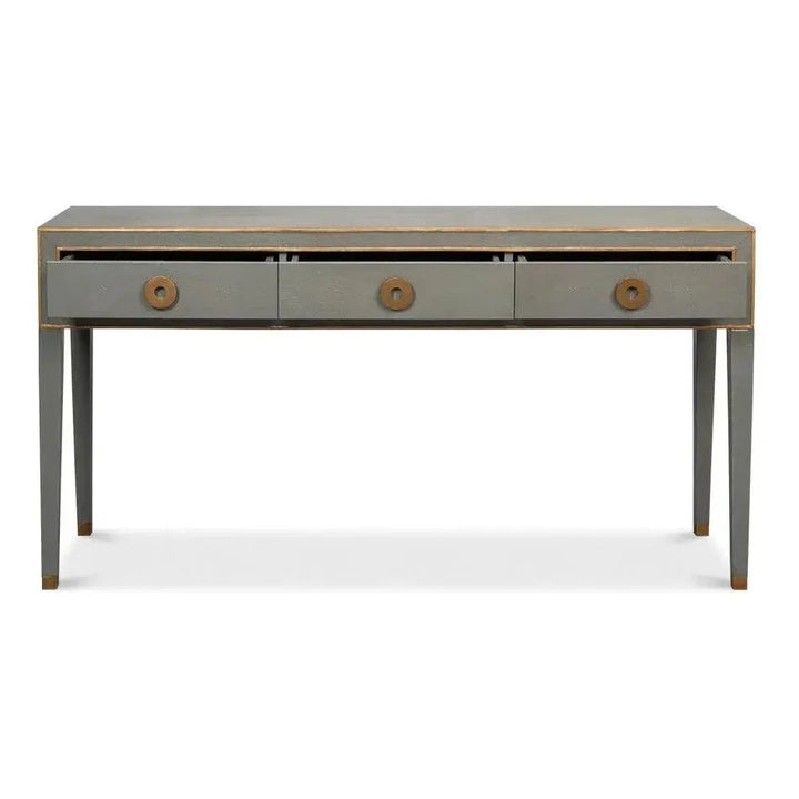 Gabriella Console Table Drawers Grey Shagreen Leather - LOOMLAN - Sarreid - Console Tables