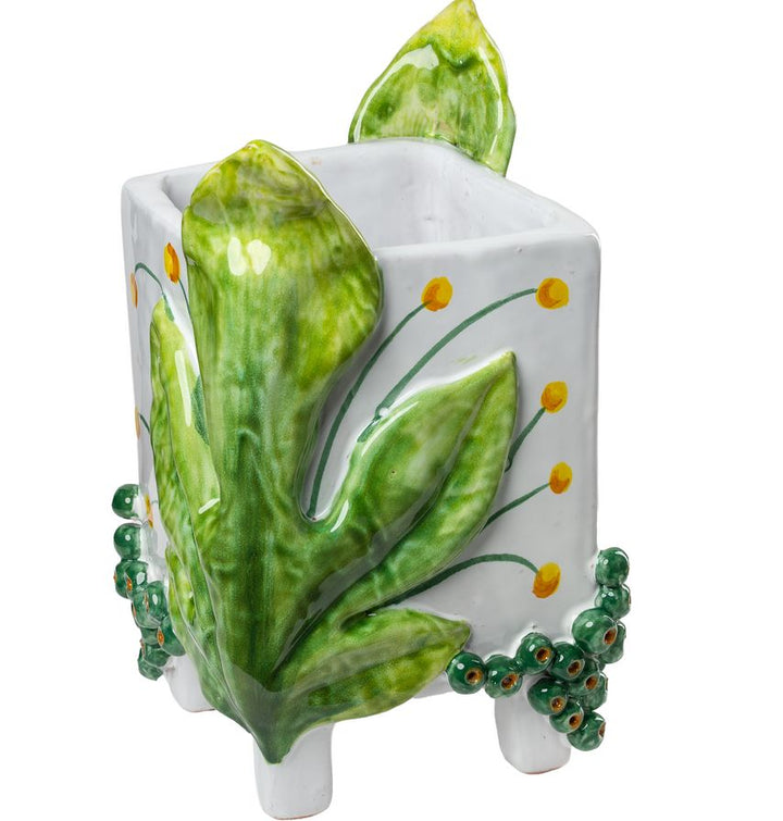 Handcrafted Ceramic Planter with Green Leaves | LOOMLAN