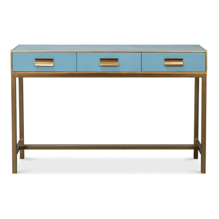 Gideon Wood & Shagreen Leather Blue Sofa Table - LOOMLAN - Sarreid - Console Tables