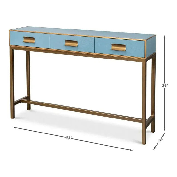 Gideon Wood & Shagreen Leather Blue Sofa Table - LOOMLAN - Sarreid - Console Tables