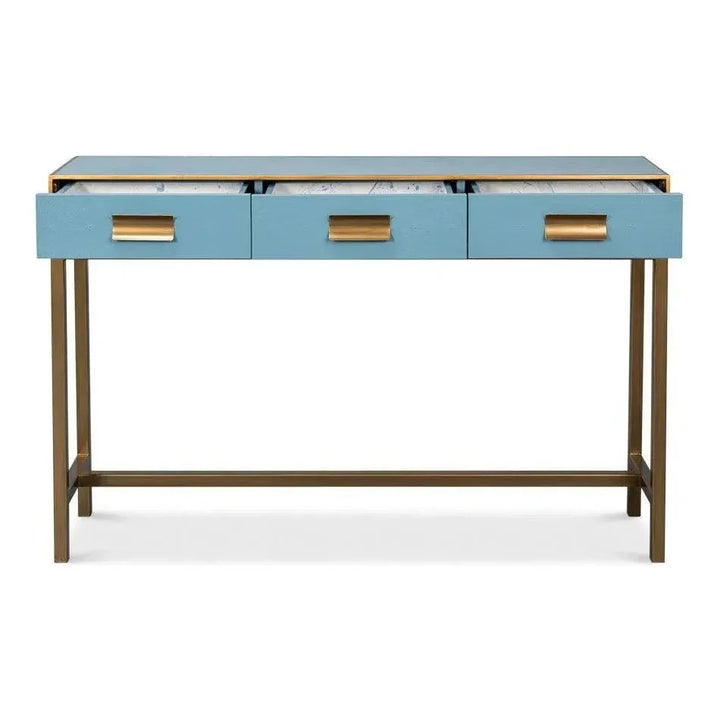 Gideon Wood & Shagreen Leather Blue Sofa Table - LOOMLAN - Sarreid - Console Tables