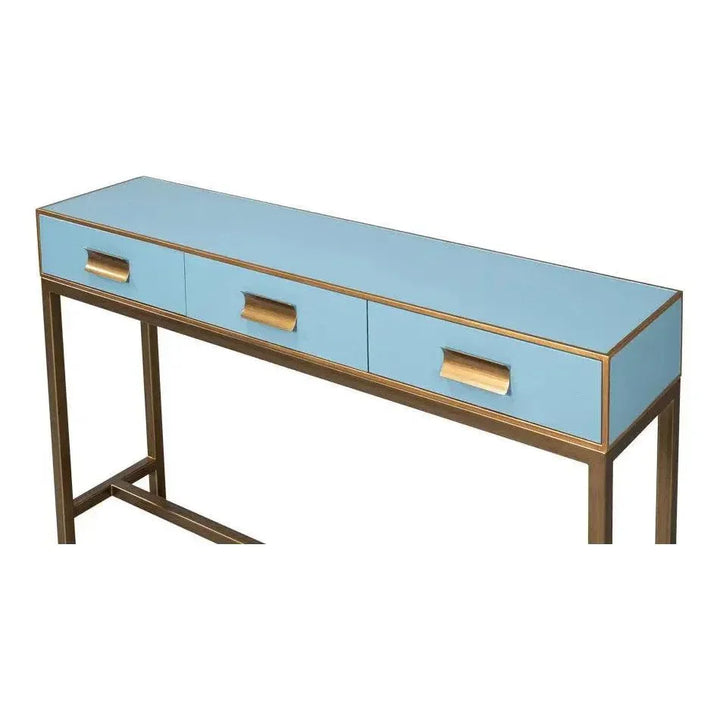 Gideon Wood & Shagreen Leather Blue Sofa Table - LOOMLAN - Sarreid - Console Tables