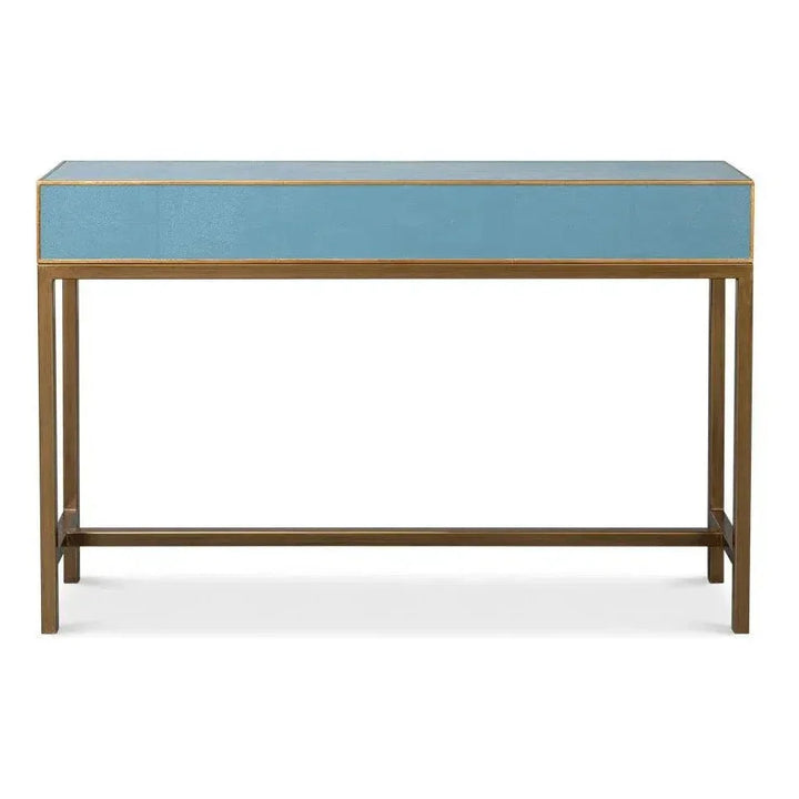 Gideon Wood & Shagreen Leather Blue Sofa Table - LOOMLAN - Sarreid - Console Tables