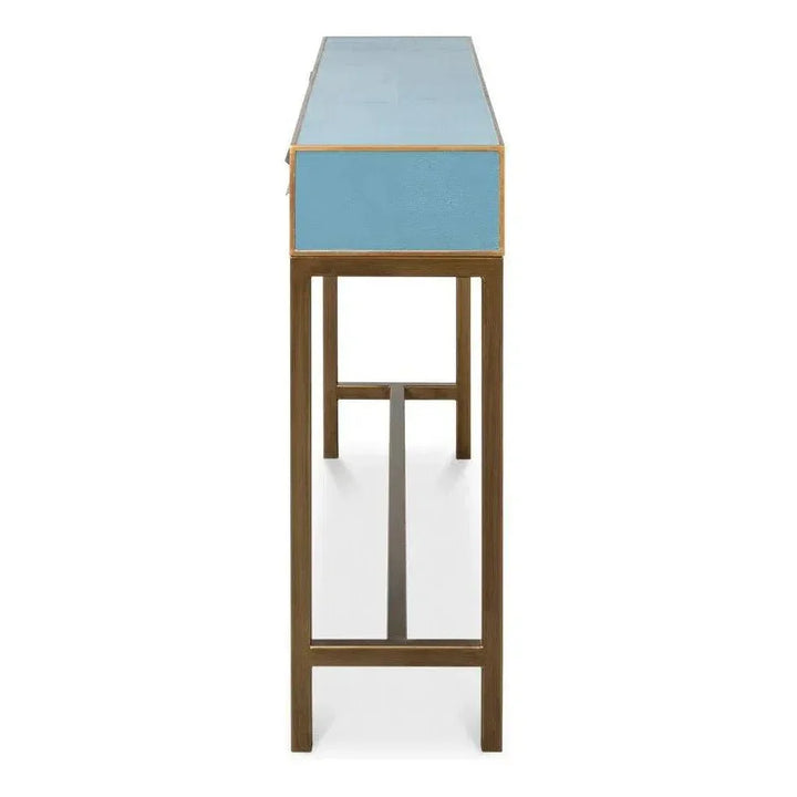Gideon Wood & Shagreen Leather Blue Sofa Table - LOOMLAN - Sarreid - Console Tables