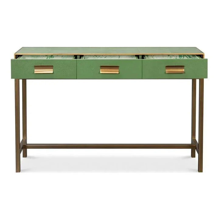 Gideon Wood & Shagreen Leather Green Sofa Table - LOOMLAN - Sarreid - Console Tables