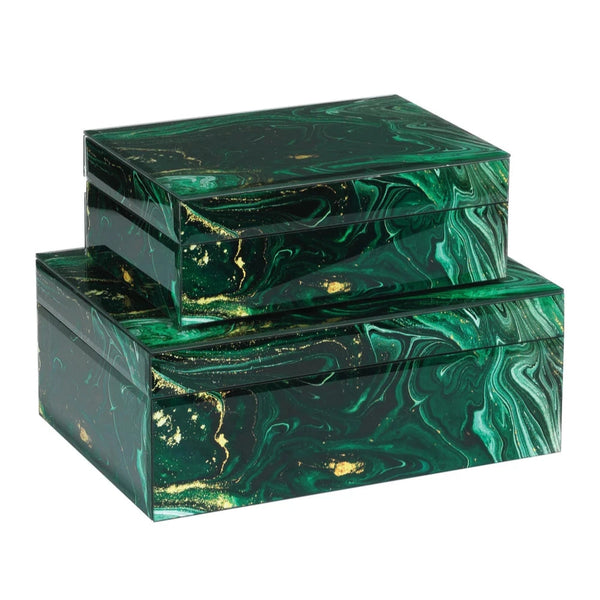 Glass Interstellar Green Marbled Design Box Set (Set Of 2)