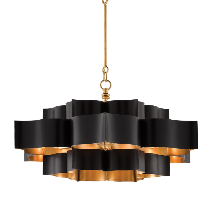Gold Leaf Grand Lotus Black Large Chandelier - LOOMLAN - Currey & Co - Chandeliers