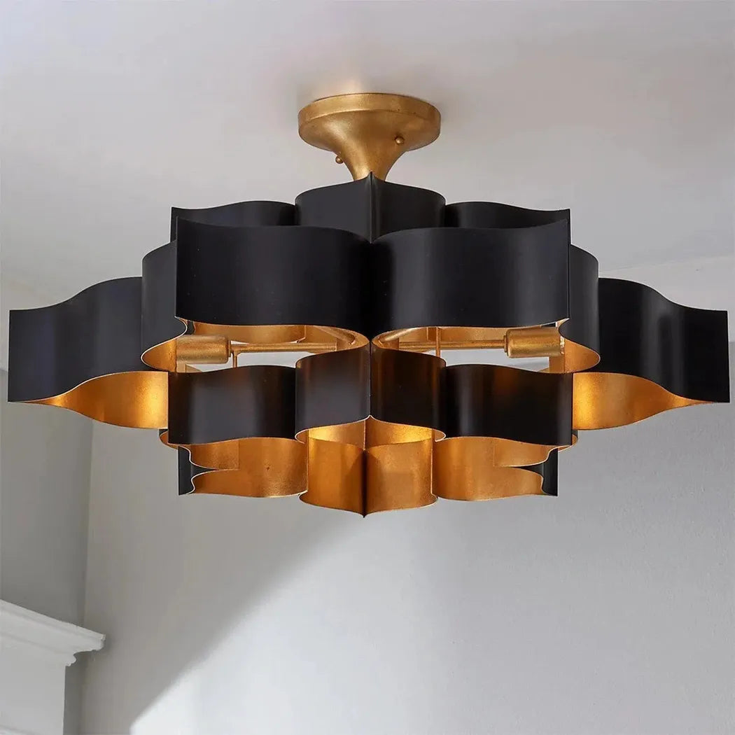 Gold Leaf Grand Lotus Black Large Chandelier