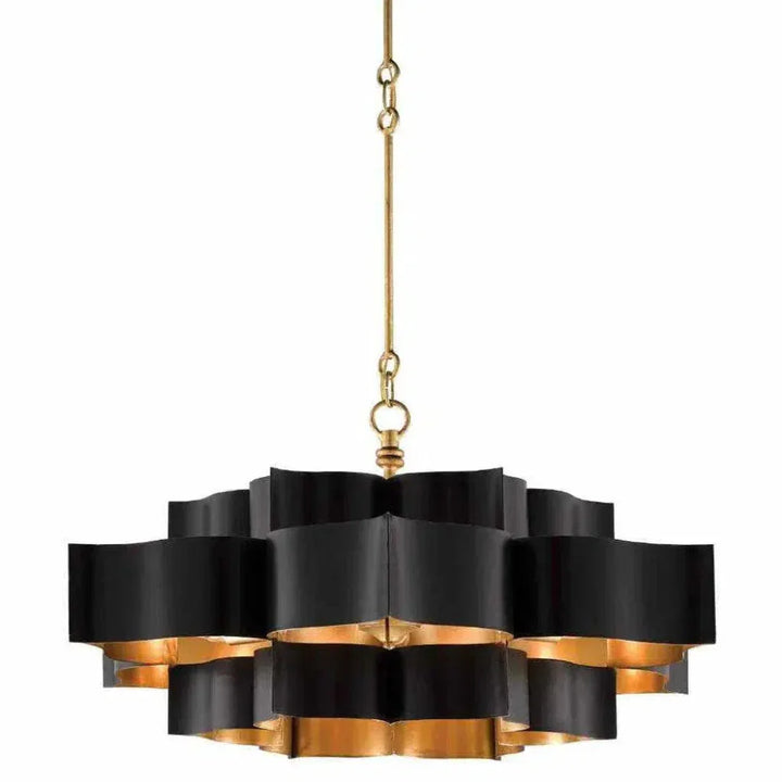 Gold Leaf Grand Lotus Black Large Chandelier - LOOMLAN - Currey & Co - Chandeliers