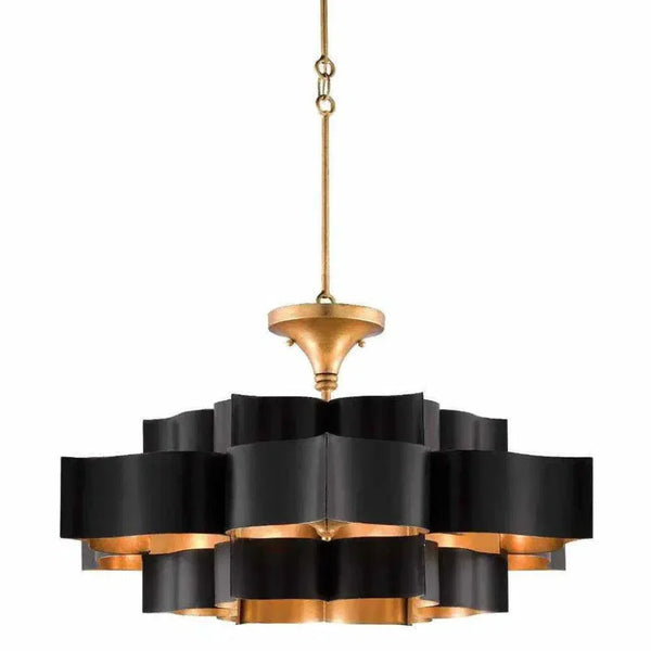 Gold Leaf Grand Lotus Black Large Chandelier - LOOMLAN - Currey & Co - Chandeliers
