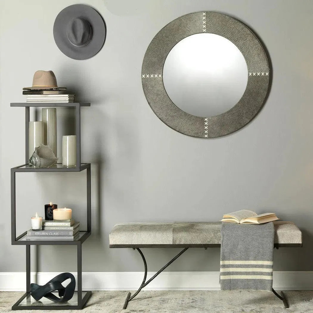 Grey Cowhide Leather Round Cross Stitch Wall Mirror