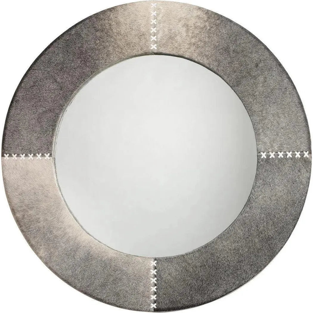 Grey Cowhide Leather Round Cross Stitch Wall Mirror