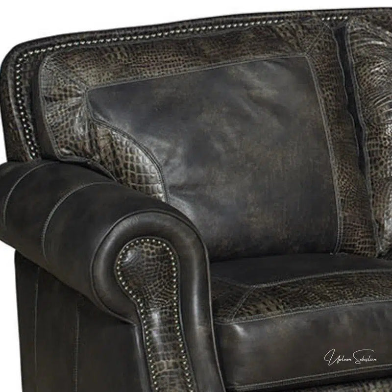 Western Style Leather Couch With Grey Alligator Embossed Leather Sofas & Loveseats LOOMLAN By Uptown Sebastian