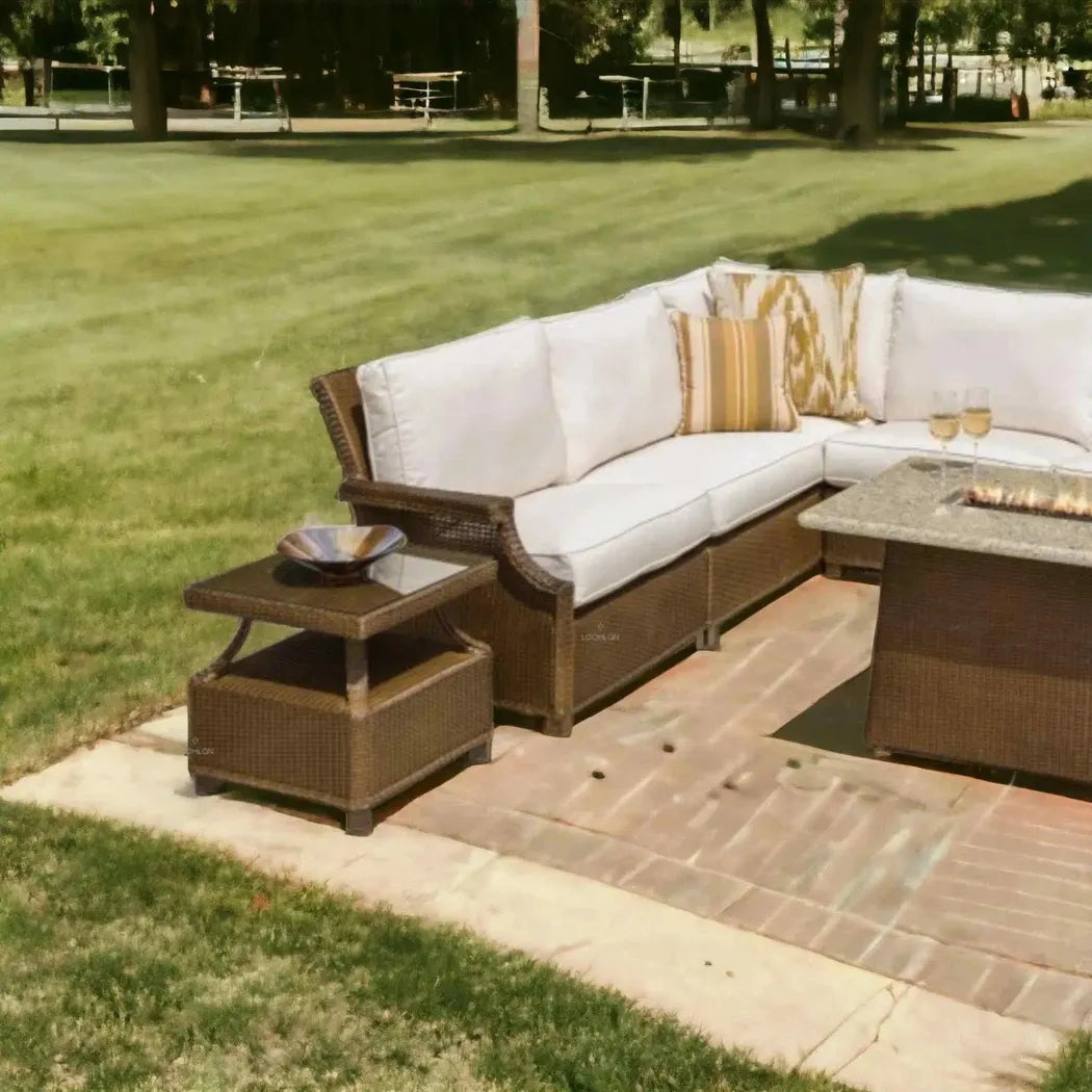 Hamptons Outdoor Wicker L-Shaped Sectional With Tables