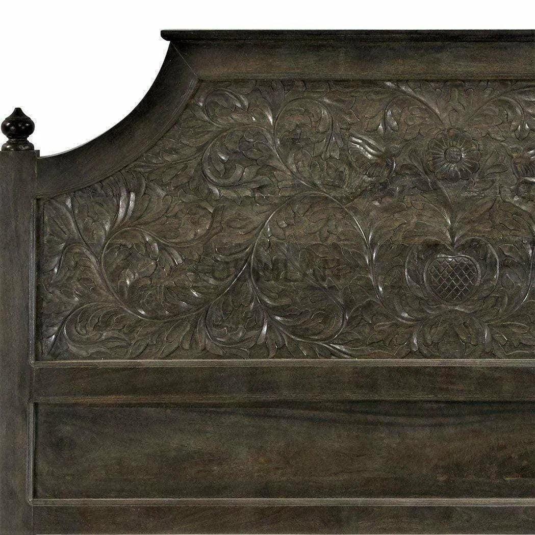 Hand Carved Dark Stain Wood Panel King Bed