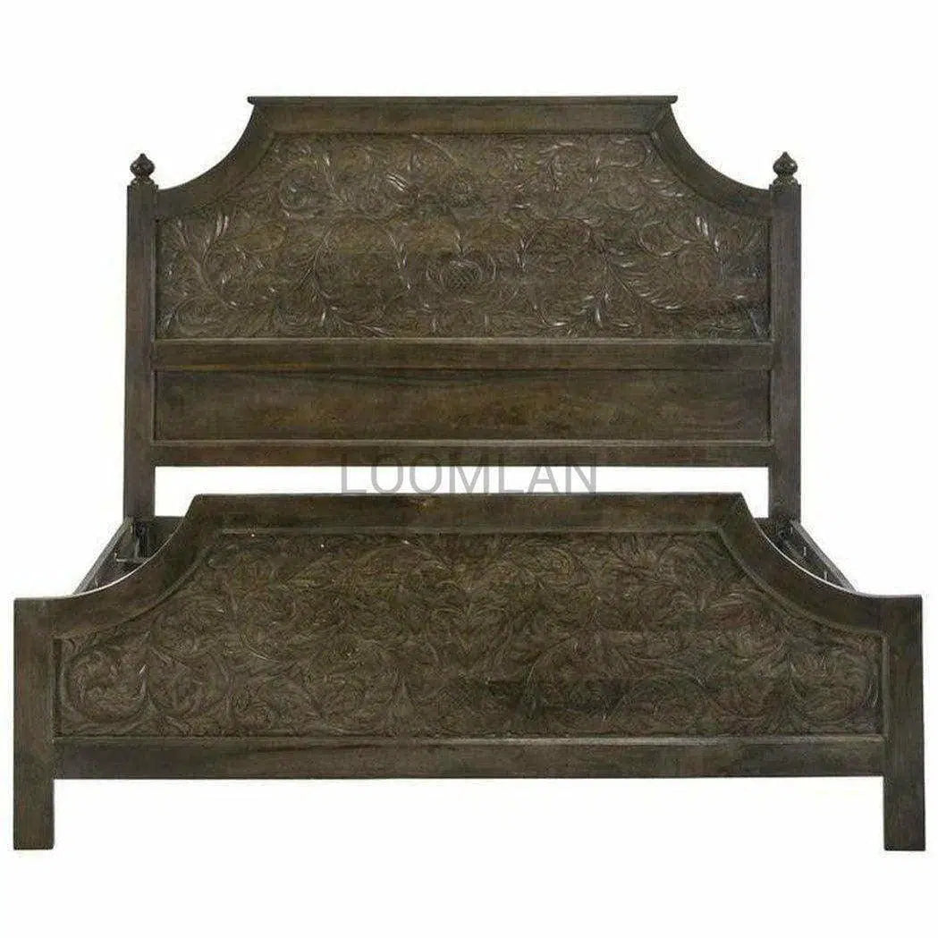 Hand Carved Dark Stain Wood Panel King Bed