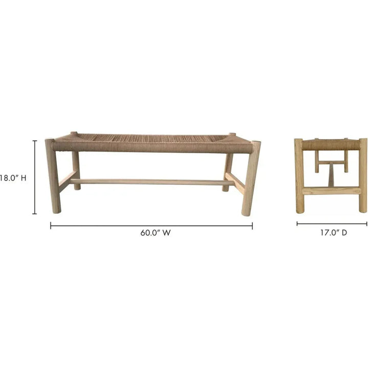 Hawthorn Large Natural Elm Wood & Rope Seat Bench - LOOMLAN