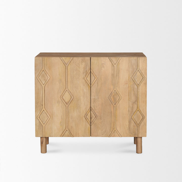 Wooden cabinet with geometric patterns on a white background