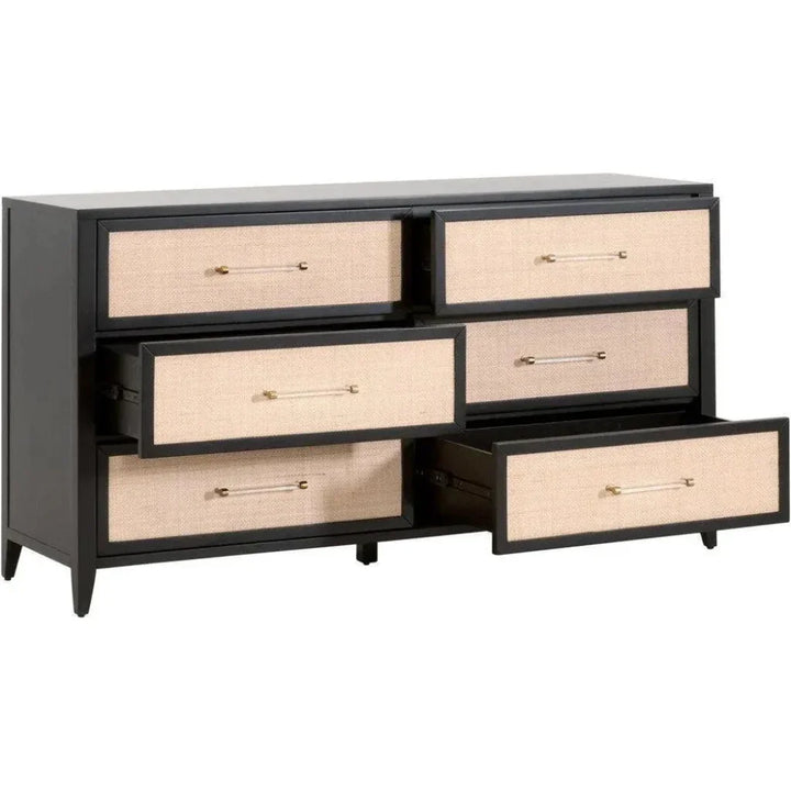 Holland 6 - Drawer Double Dresser Black Wood & Rattan - LOOMLAN - Essentials For Living - Dressers
