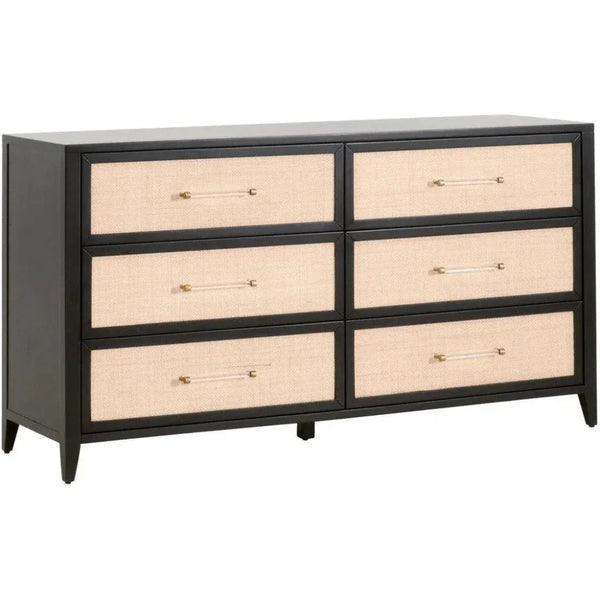 Holland 6 - Drawer Double Dresser Black Wood & Rattan - LOOMLAN - Essentials For Living - Dressers