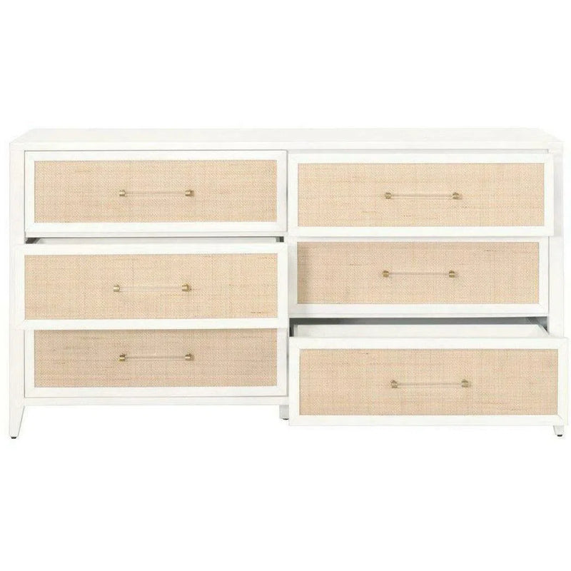 Holland 6-Drawer Double Dresser Matte White Natural Rattan Dressers LOOMLAN By Essentials For Living