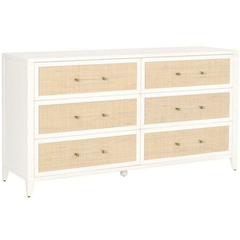 Holland 6-Drawer Double Dresser Matte White Natural Rattan Dressers LOOMLAN By Essentials For Living