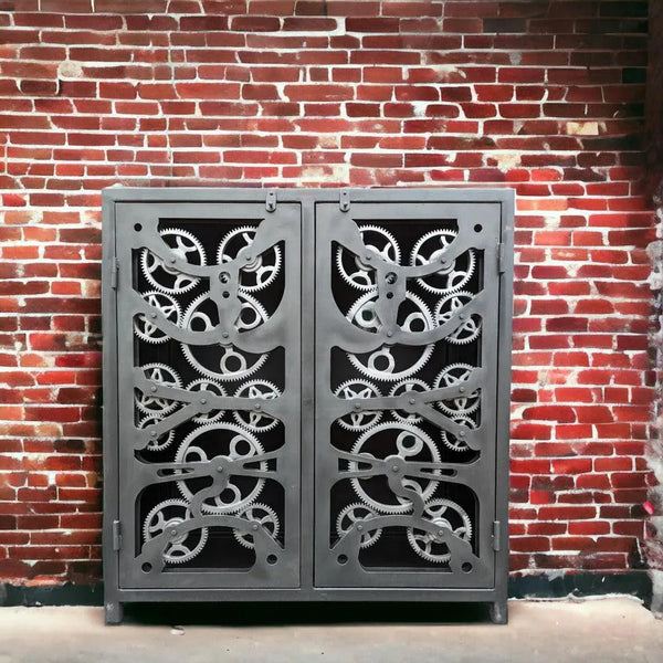 Industrial Gears Black Metal Accent Cabinet