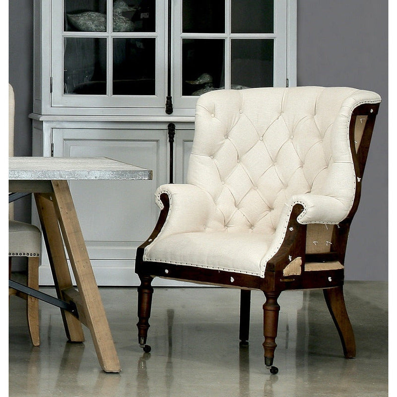 Irish Chair Cream Linen & Burlap Wing Accent Chair-Accent Chairs-Sarreid-LOOMLAN