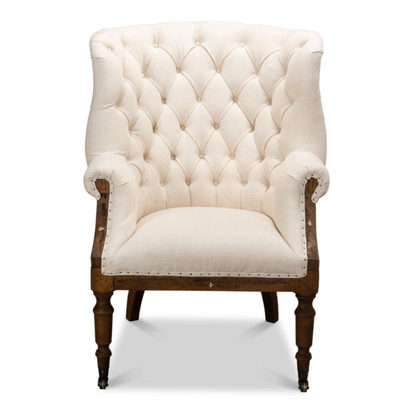 Irish Chair Cream Linen & Burlap Wing Accent Chair-Accent Chairs-Sarreid-LOOMLAN