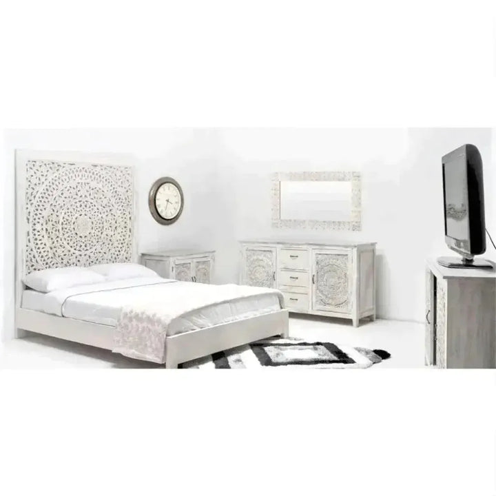 63" White Carved Wood Sideboard with Drawers - LOOMLAN - LOOMLAN - Sideboards