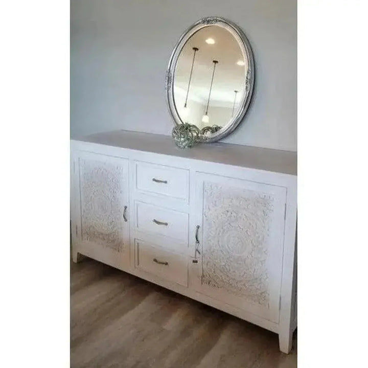 63" White Carved Wood Sideboard with Drawers - LOOMLAN - LOOMLAN - Sideboards