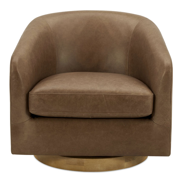 Oscy Top Grain Leather and Solid Wood Brown Swivel Arm Chair