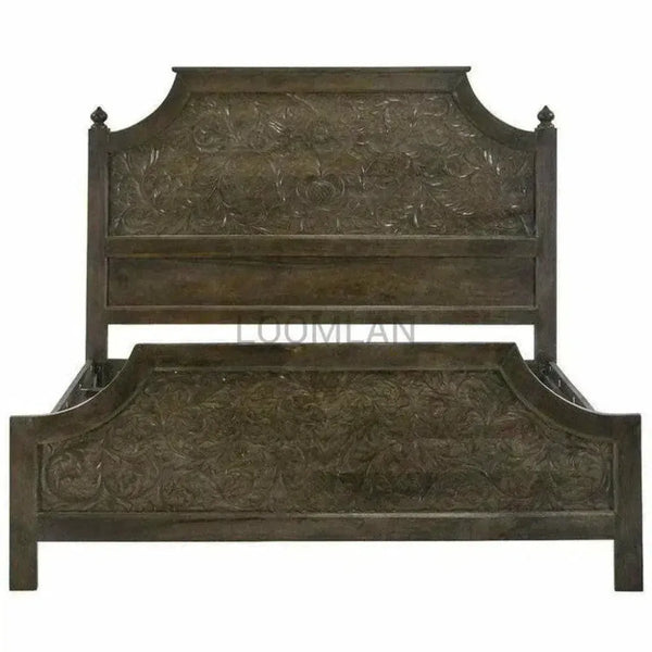 Hand Carved Dark Stain Wood Panel King Bed - LOOMLAN - LOOMLAN - Beds