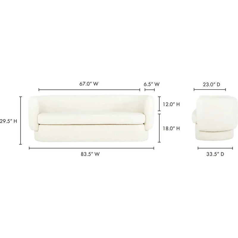 84" Koba Boucle Sheepskin White Sherpa Contemporary Barrel Sofa Sofas & Loveseats LOOMLAN By Moe's Home