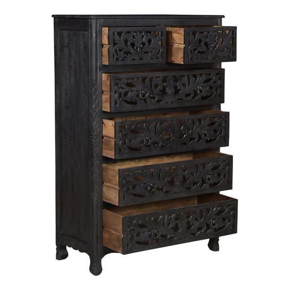 Lawrence 54 inches Tall Floral Carved Chest in Distressed Black Chests LOOMLAN By LOOMLAN