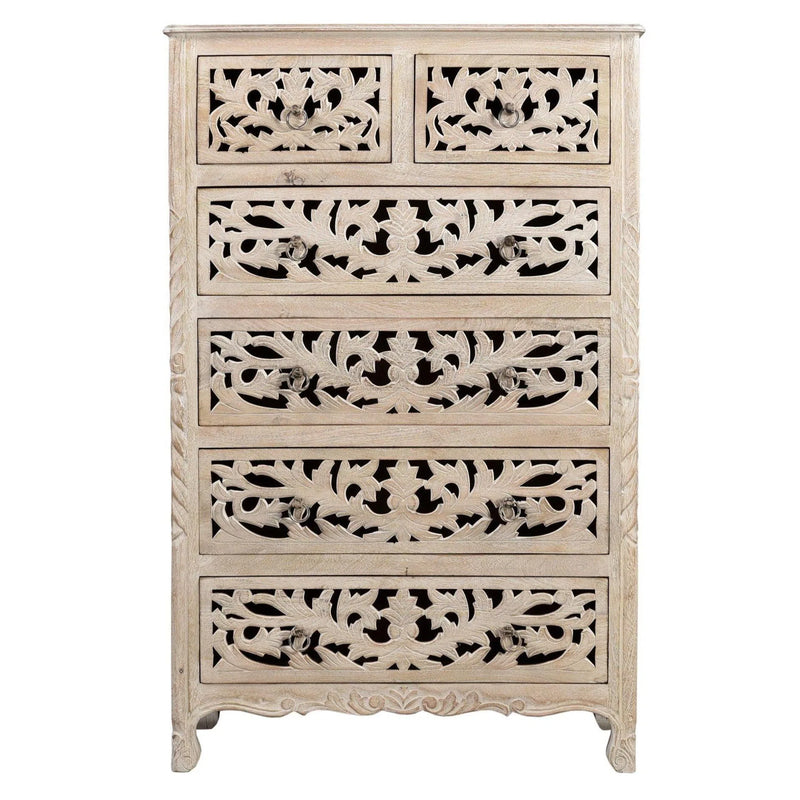 Lawrence 54 inches Tall Floral Carved Chest in Distressed White Chests LOOMLAN By LOOMLAN
