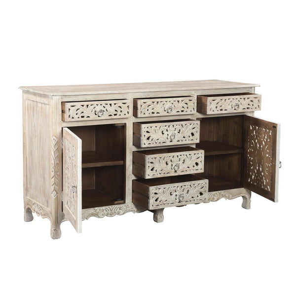 Lawrence 66 inches Floral Carved Sideboard in Distressed White Sideboards LOOMLAN By LOOMLAN