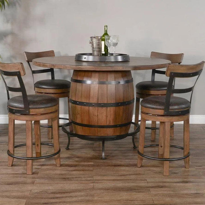 Light Brown Round Barrel Pub Table Barstools 5 PC Set-Dining Table Sets-Sunny D-LOOMLAN