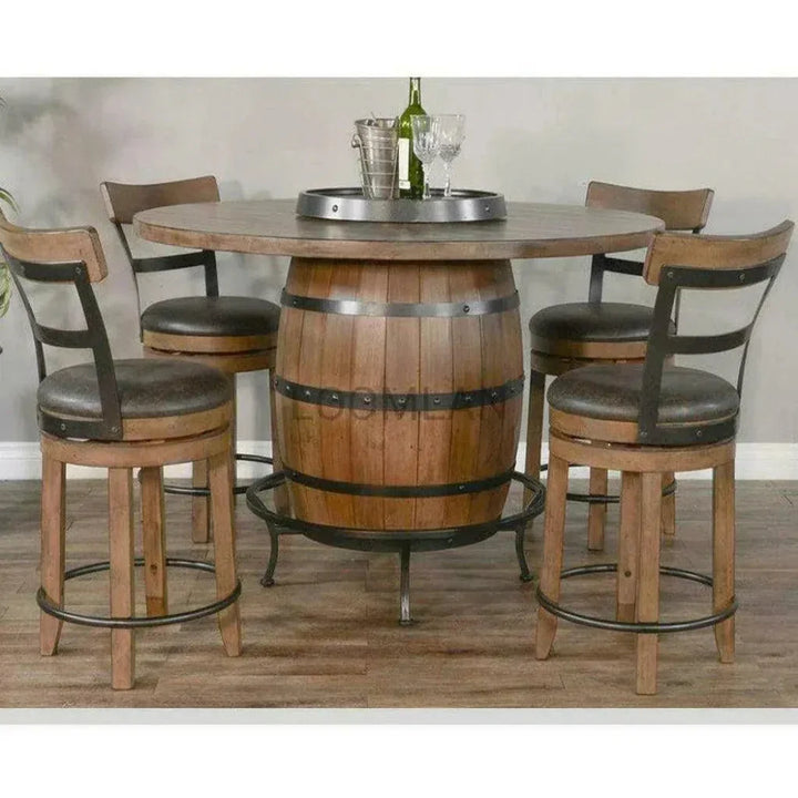 Light Brown Round Barrel Pub Table Barstools 5 PC Set-Dining Table Sets-Sunny D-LOOMLAN