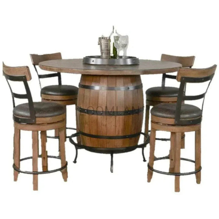 Light Brown Round Barrel Pub Table Barstools 5 PC Set-Dining Table Sets-Sunny D-LOOMLAN