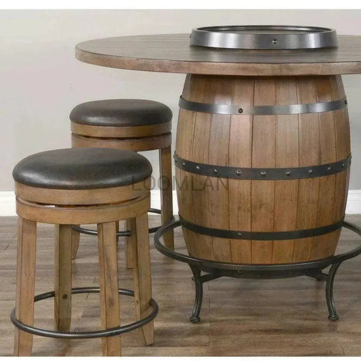 Light Brown Round Barrel Pub Table Stools 5 PC Set-Dining Table Sets-Sunny D-LOOMLAN