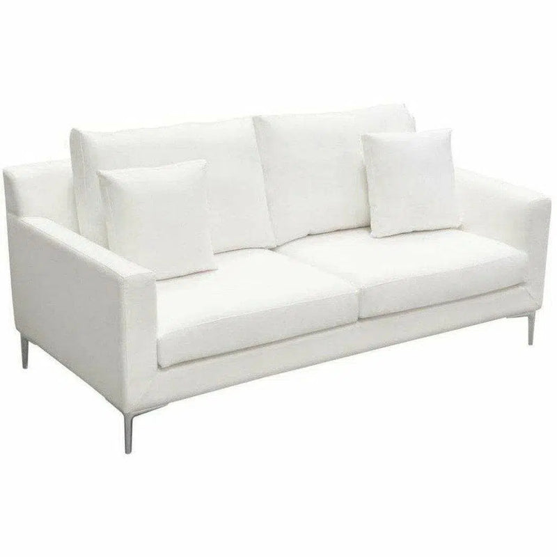 Loose Back Loveseat White Linen Silver Leg