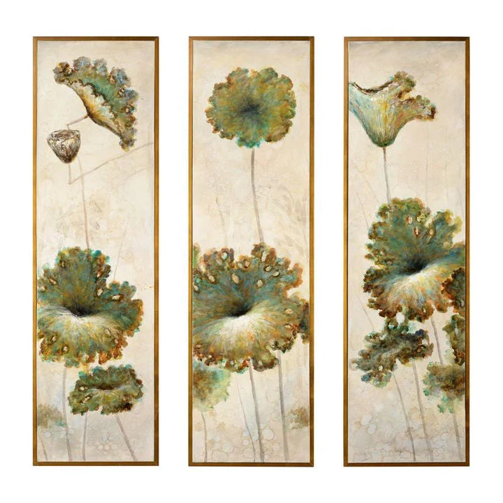 Lotus Blossom Oil Painting Artwork (Set of 3)-Framed Wall Art-Wildwood-LOOMLAN