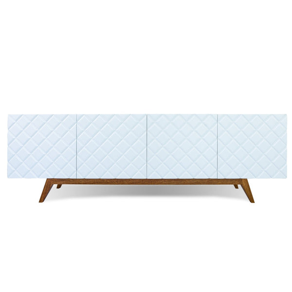 Low Profile White TV Stand Diamond Carved Wood Cabinet-Sideboards-Victor Betancourt-LOOMLAN