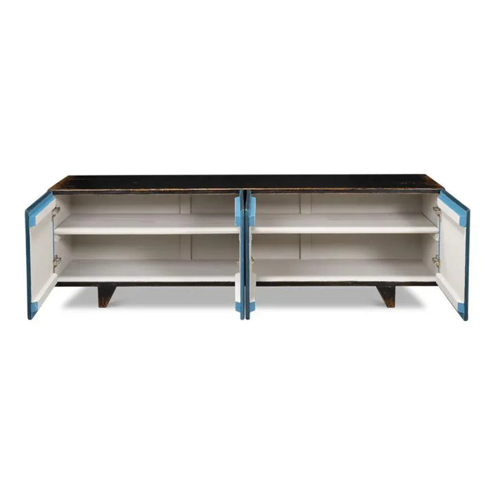 Low Wall Console TV Stand Blue Reclaimed Wood - LOOMLAN - Sarreid - TV Stands & Media Centers