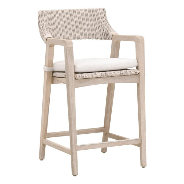 Lucia Outdoor Counter Stool With Arms White Wicker and Teak Outdoor Counter Stools LOOMLAN By Essentials For Living