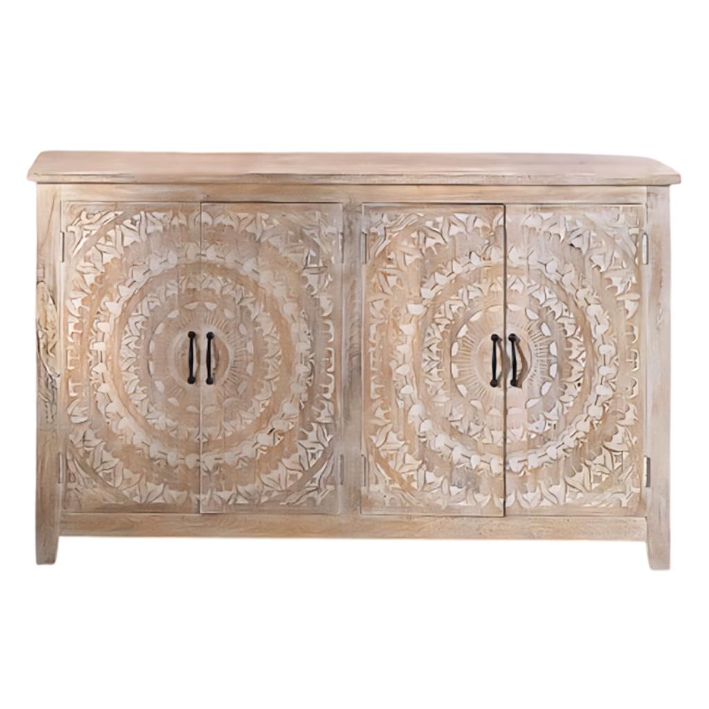 68-Inch Natural Wood Sideboard with Carved Doors | LOOMLAN